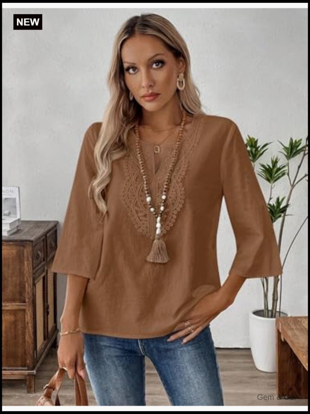3/4 Sleeve Cotton Linen V-Neck Lace Blouse Loose Fit Boho Tunic Top - Picture 3 of 7